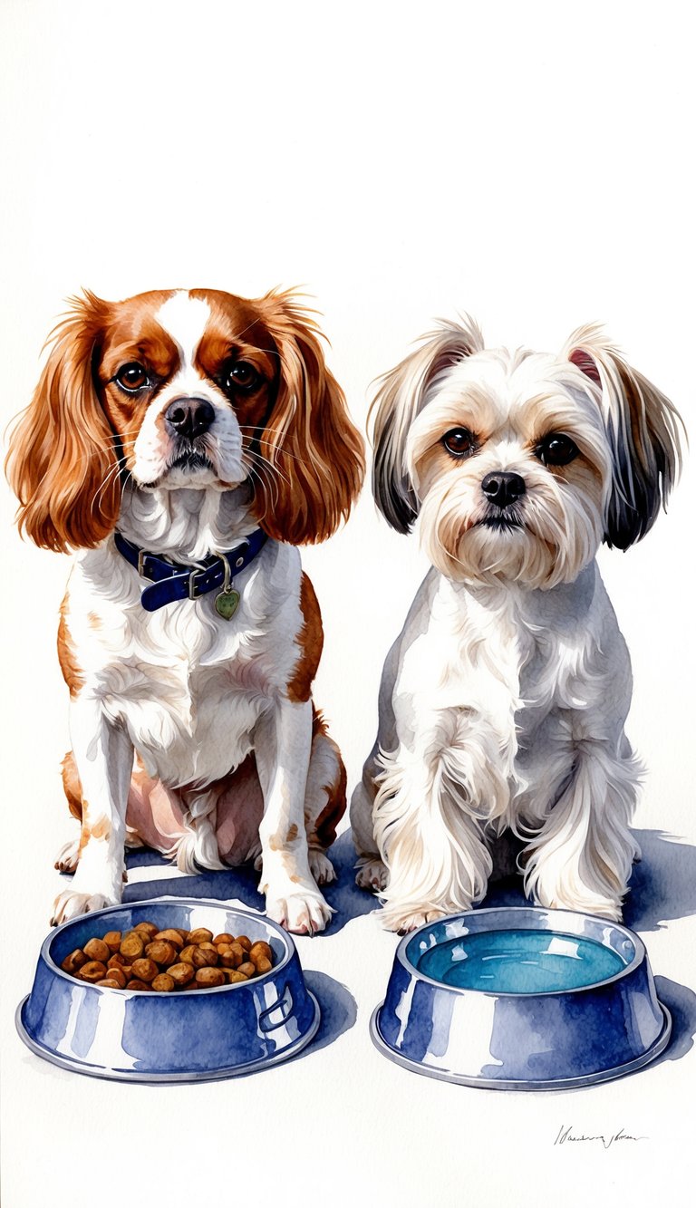 Two dogs, one Cavalier King Charles Spaniel and one Maltese, standing side by side with bowls of food and water in front of them