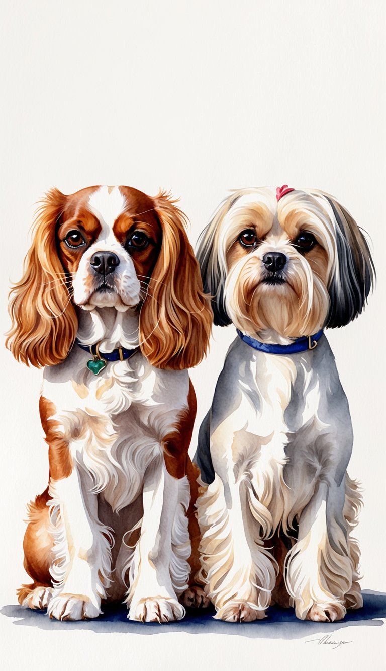 Two elegant dogs, a Cavalier King Charles Spaniel and a Maltese, stand side by side, exuding charm and grace with their distinct features and regal presence