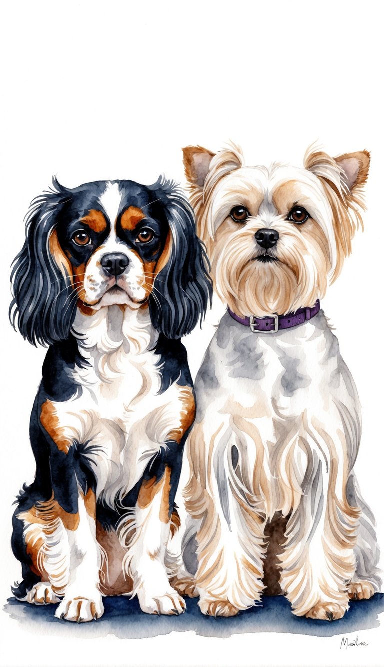 A Cavalier King Charles Spaniel and a Maltese stand side by side, showcasing their distinct features and size differences