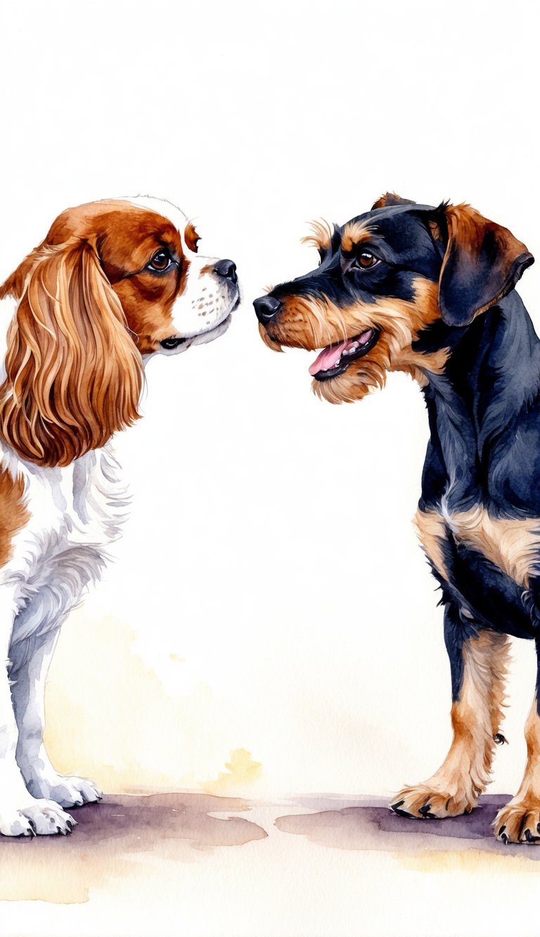 Two small dogs face off, one a Cavalier King Charles Spaniel and the other a Miniature Schnauzer. They stand poised, ready to engage in a playful encounter
