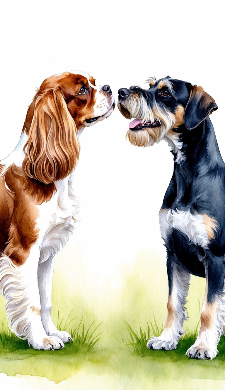 A Cavalier King Charles Spaniel and a Miniature Schnauzer stand face to face, their tails wagging as they size each other up in a friendly manner