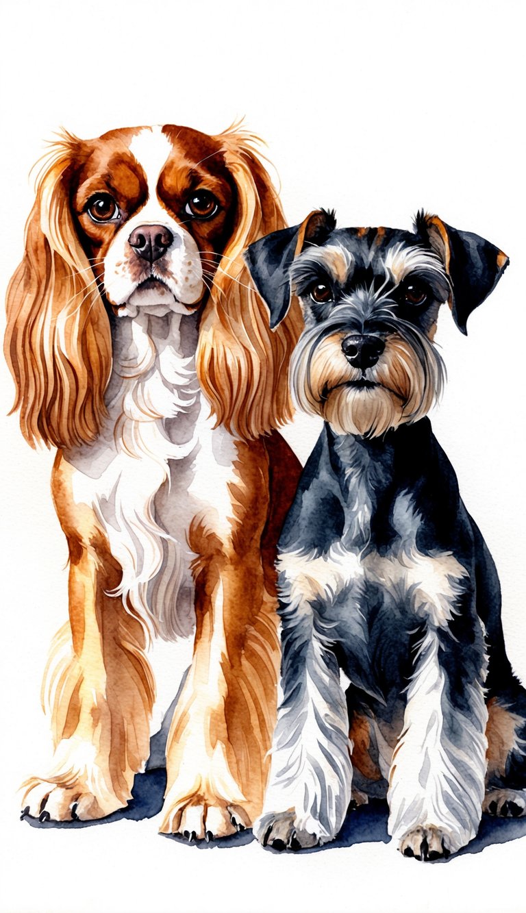 Two dogs, a Cavalier King Charles Spaniel and a Miniature Schnauzer, stand side by side. The Spaniel has long, silky fur and large, round eyes, while the Schnauzer has a wiry coat and distinctive bushy eyebrows