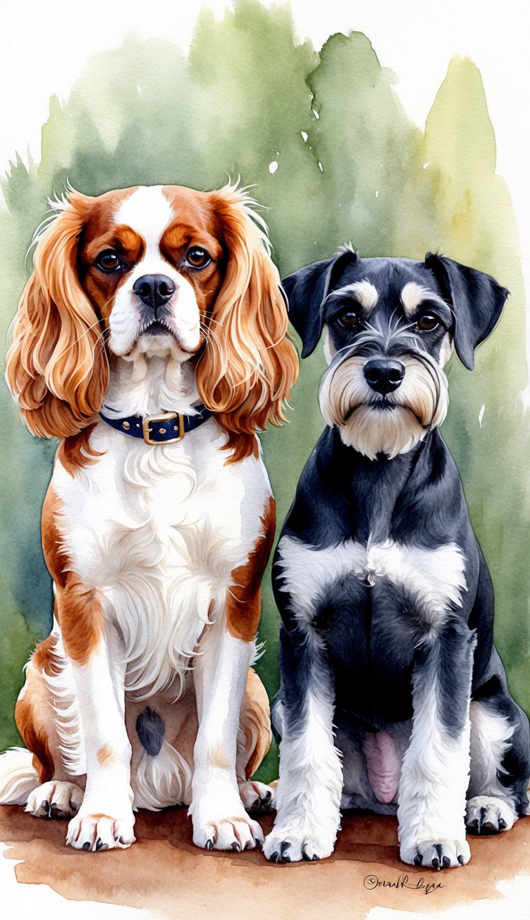 A Cavalier King Charles Spaniel and a Miniature Schnauzer sitting side by side, each displaying their unique personality traits through their body language and facial expressions