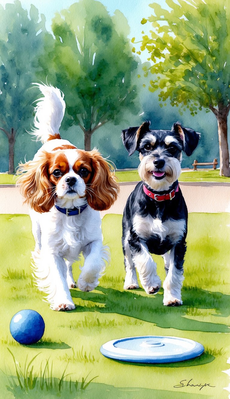 A Cavalier King Charles Spaniel and a Miniature Schnauzer playing in a park, with a ball and frisbee nearby
