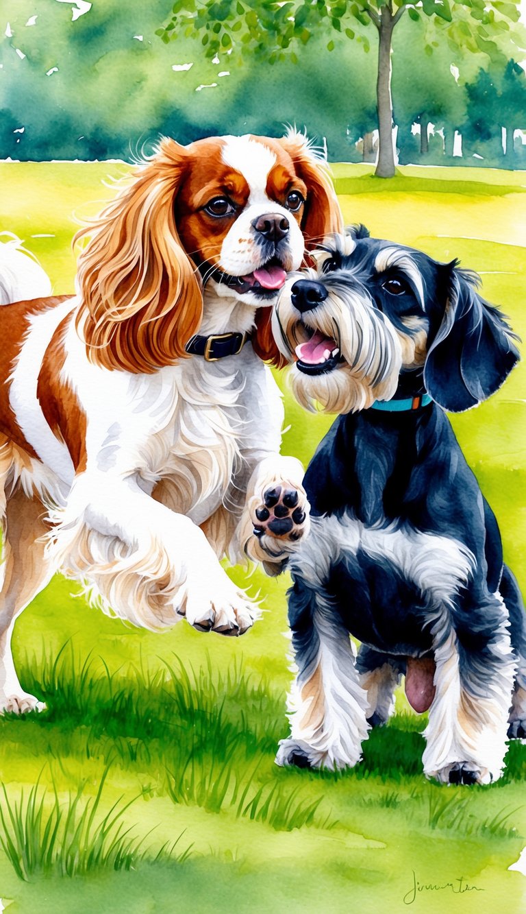 A Cavalier King Charles Spaniel and a Miniature Schnauzer playfully interact in a sunny, grassy park setting, showcasing their distinct physical characteristics and personalities