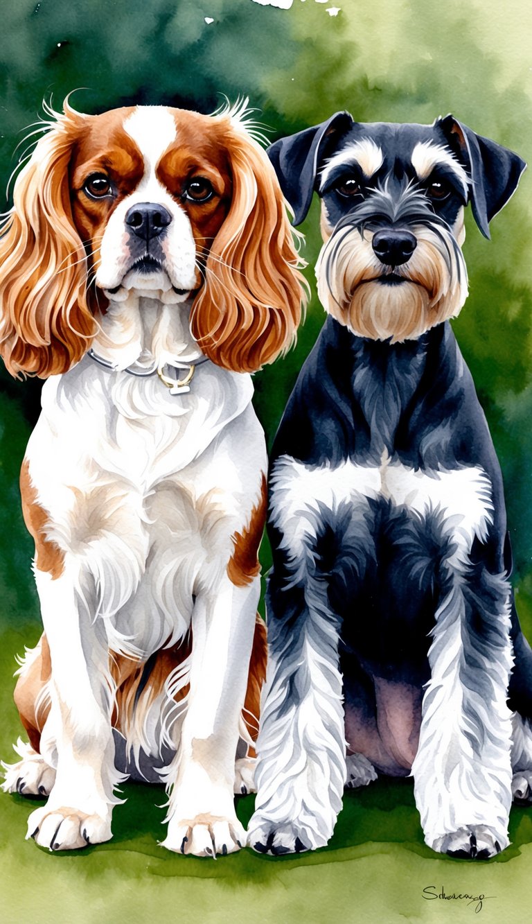 A Cavalier King Charles Spaniel and a Miniature Schnauzer standing side by side, each showcasing their distinctive coat and features