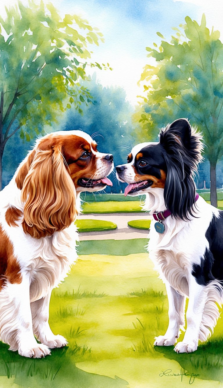 A Cavalier King Charles Spaniel and a Papillon face off, tails wagging, in a sunny park setting