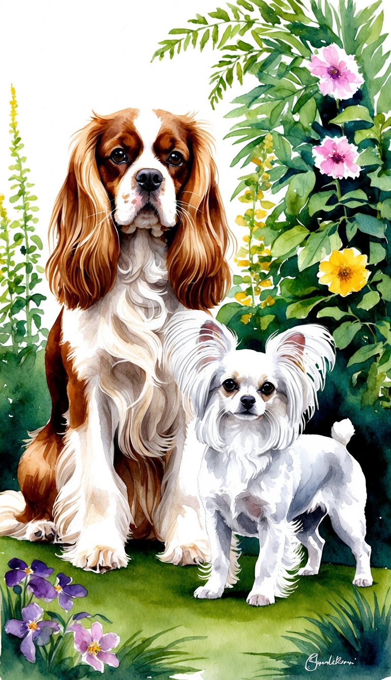 A Cavalier King Charles Spaniel and a Papillon stand side by side, surrounded by lush greenery and colorful flowers. The Spaniel's long, flowing coat contrasts with the Papillon's elegant, fringed ears