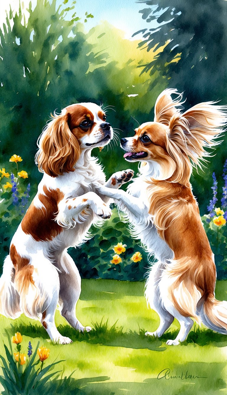 A Cavalier King Charles Spaniel and a Papillon playfully interact in a sunny garden, showcasing their distinct temperaments and personalities