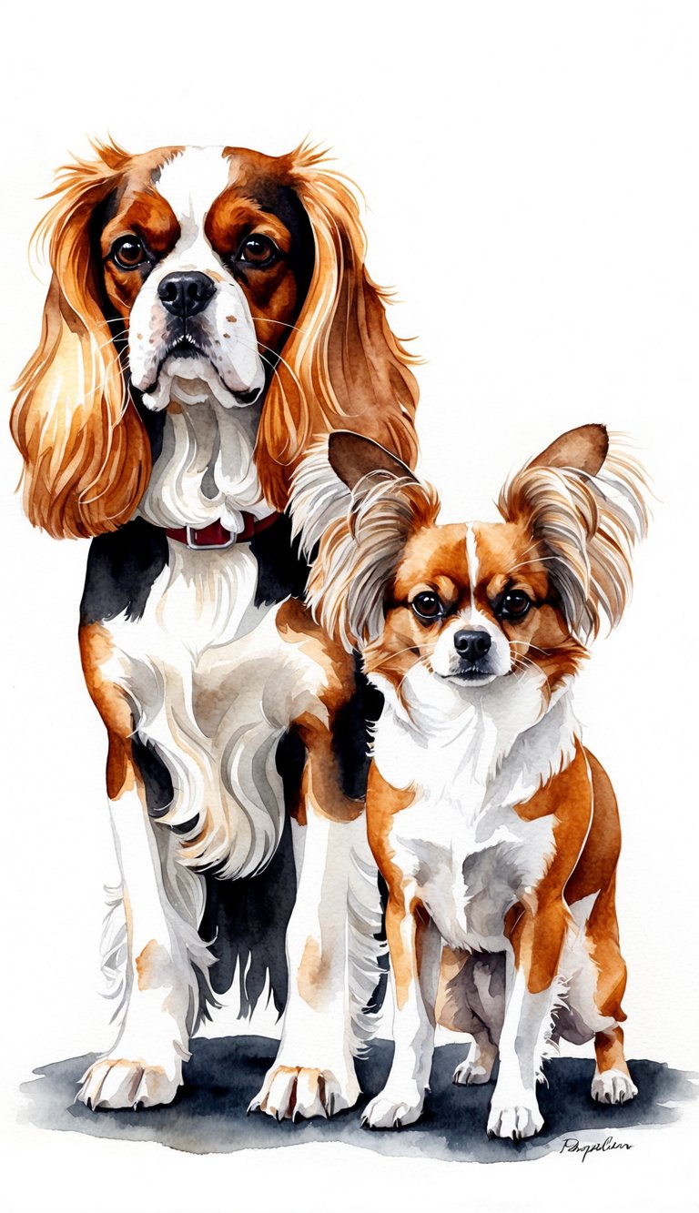 A Cavalier King Charles Spaniel and a Papillon stand side by side, showcasing their distinct features and size differences. The Cavalier appears larger with a more rounded head, while the Papillon is smaller with distinctive butterfly-like ears