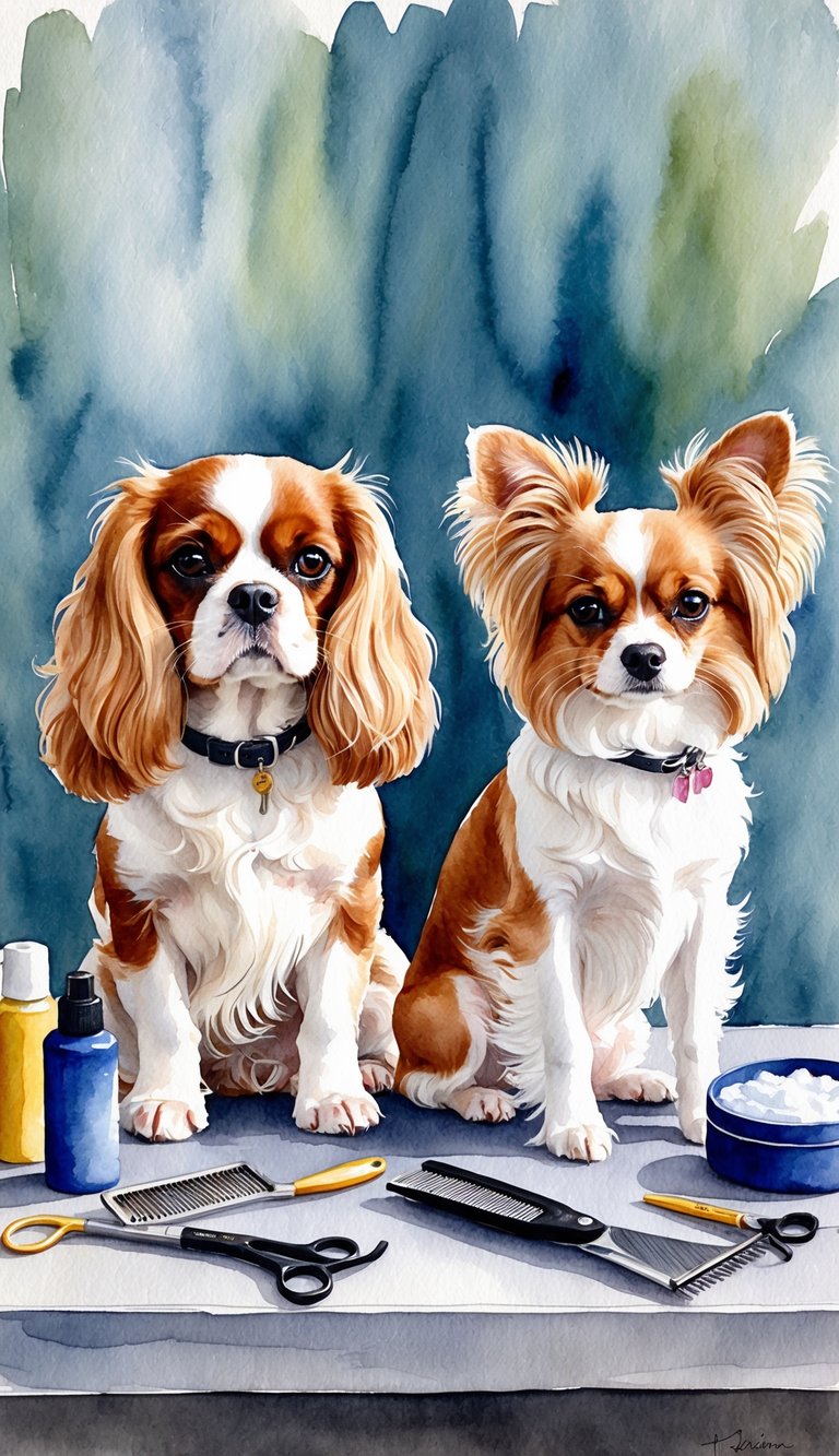 A Cavalier King Charles Spaniel and a Papillon being groomed side by side on a table, surrounded by grooming tools and products