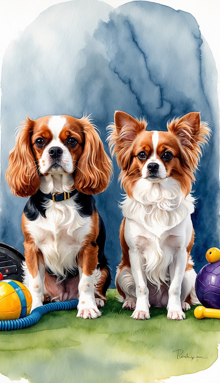 Two small dogs, a Cavalier King Charles Spaniel and a Papillon, sitting side by side with attentive expressions, surrounded by training equipment and toys