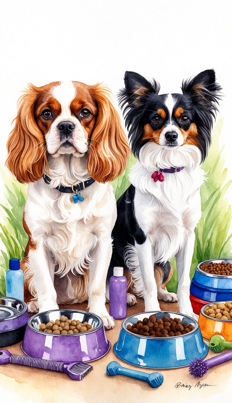 A Cavalier King Charles Spaniel and a Papillon stand side by side, surrounded by a variety of dog toys, grooming supplies, and food bowls