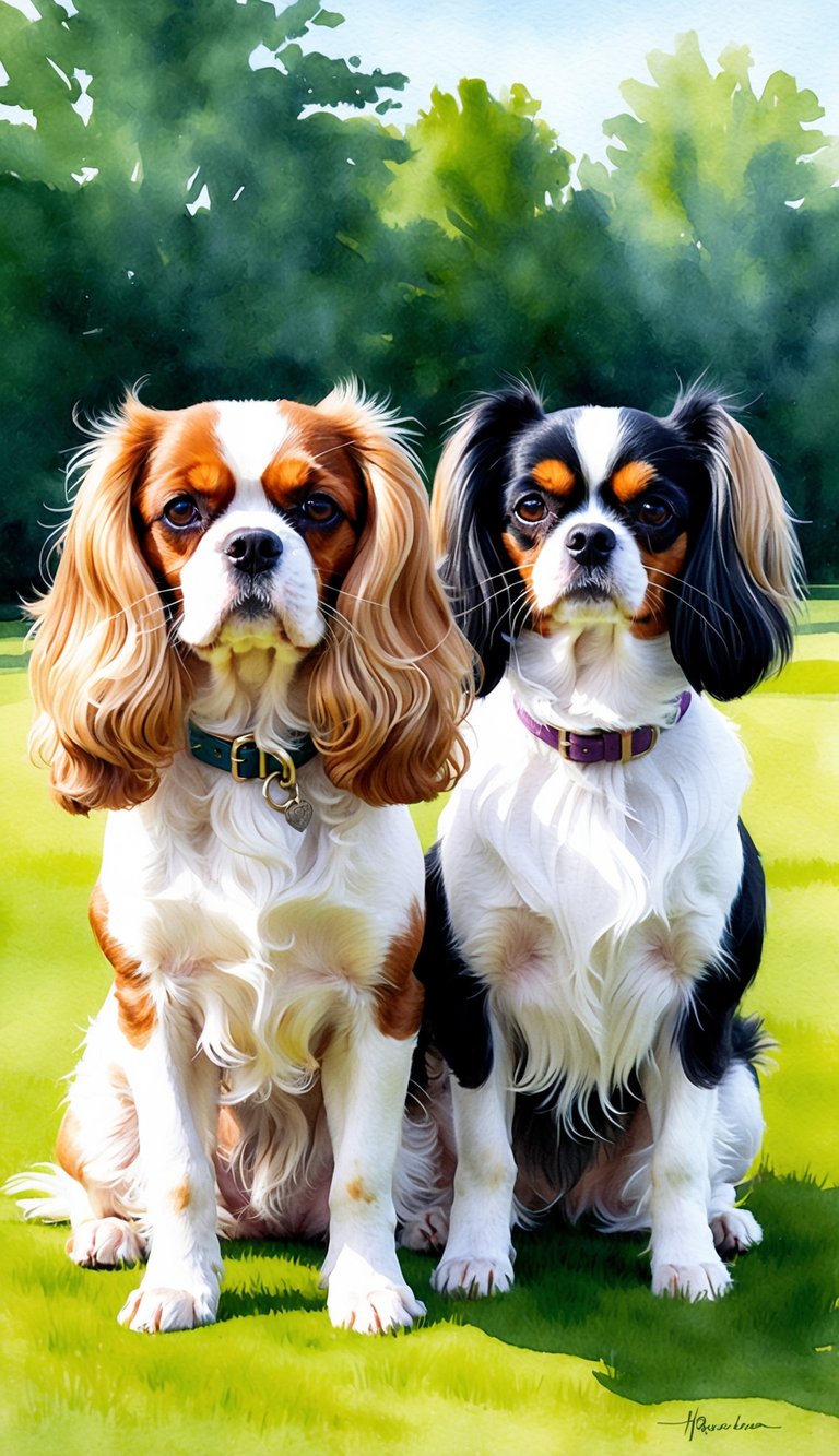 Two elegant toy breeds, a Cavalier King Charles Spaniel and a Papillon, stand side by side on a lush green lawn, their silky fur glinting in the sunlight