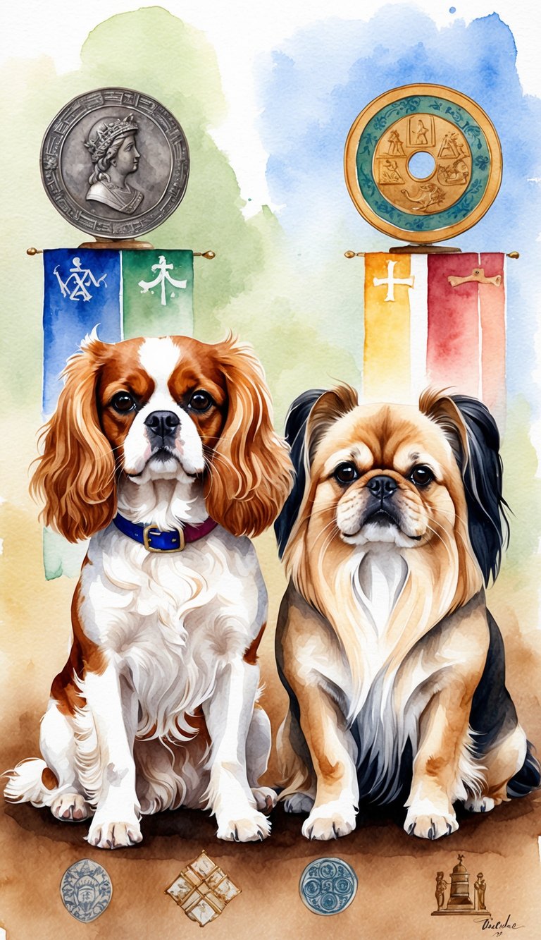 A Cavalier King Charles Spaniel and a Pekingese sit side by side, surrounded by historical artifacts and symbols of their respective origins