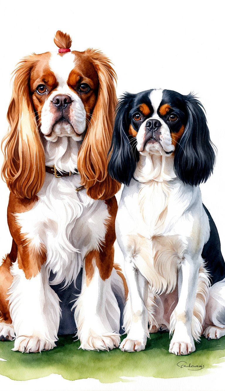 A Cavalier King Charles Spaniel and a Pekingese stand side by side, showcasing their distinct physical characteristics. The Spaniel's long, elegant ears contrast with the Pekingese's lion-like mane and flat face
