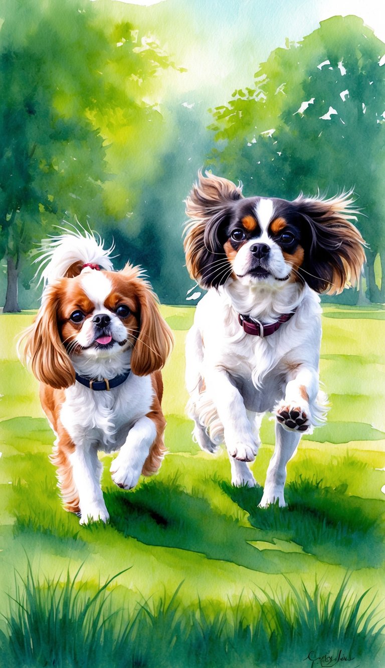 A Cavalier King Charles Spaniel and a Pekingese playing in a lush green park, displaying their contrasting temperaments and personality traits