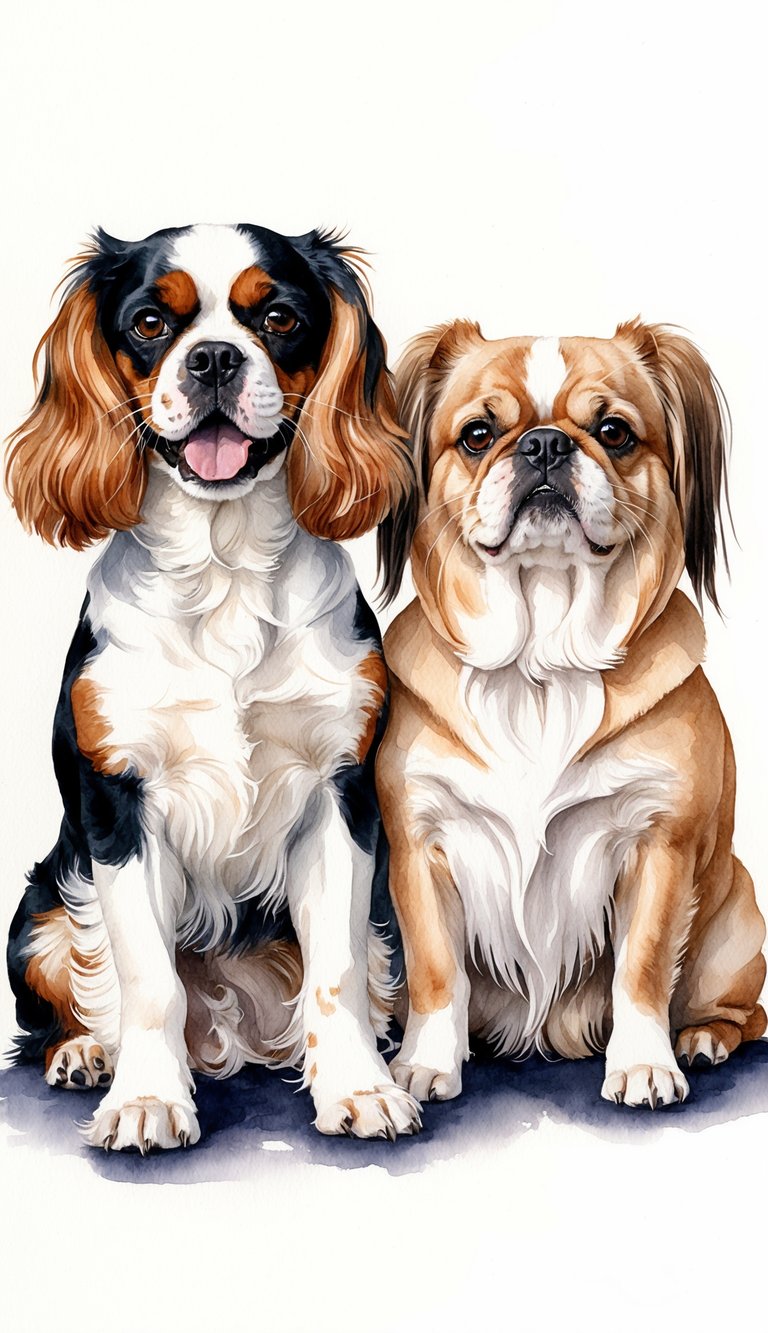 Two small dogs, a Cavalier King Charles Spaniel and a Pekingese, sit side by side. The Cavalier appears lively and alert, while the Pekingese is more relaxed and regal. Both dogs are in good health and well-groomed
