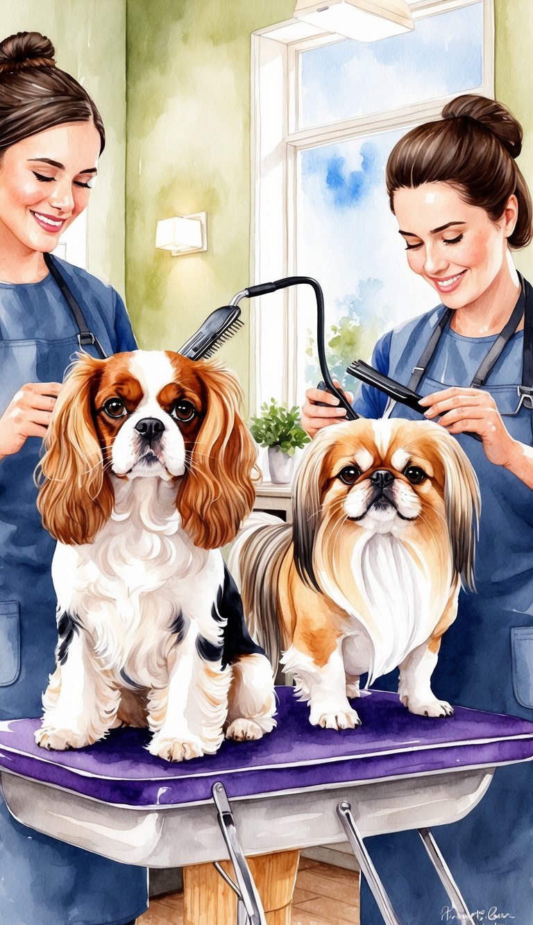 A Cavalier King Charles Spaniel and a Pekingese being groomed and pampered by their owners in a cozy, well-lit grooming salon