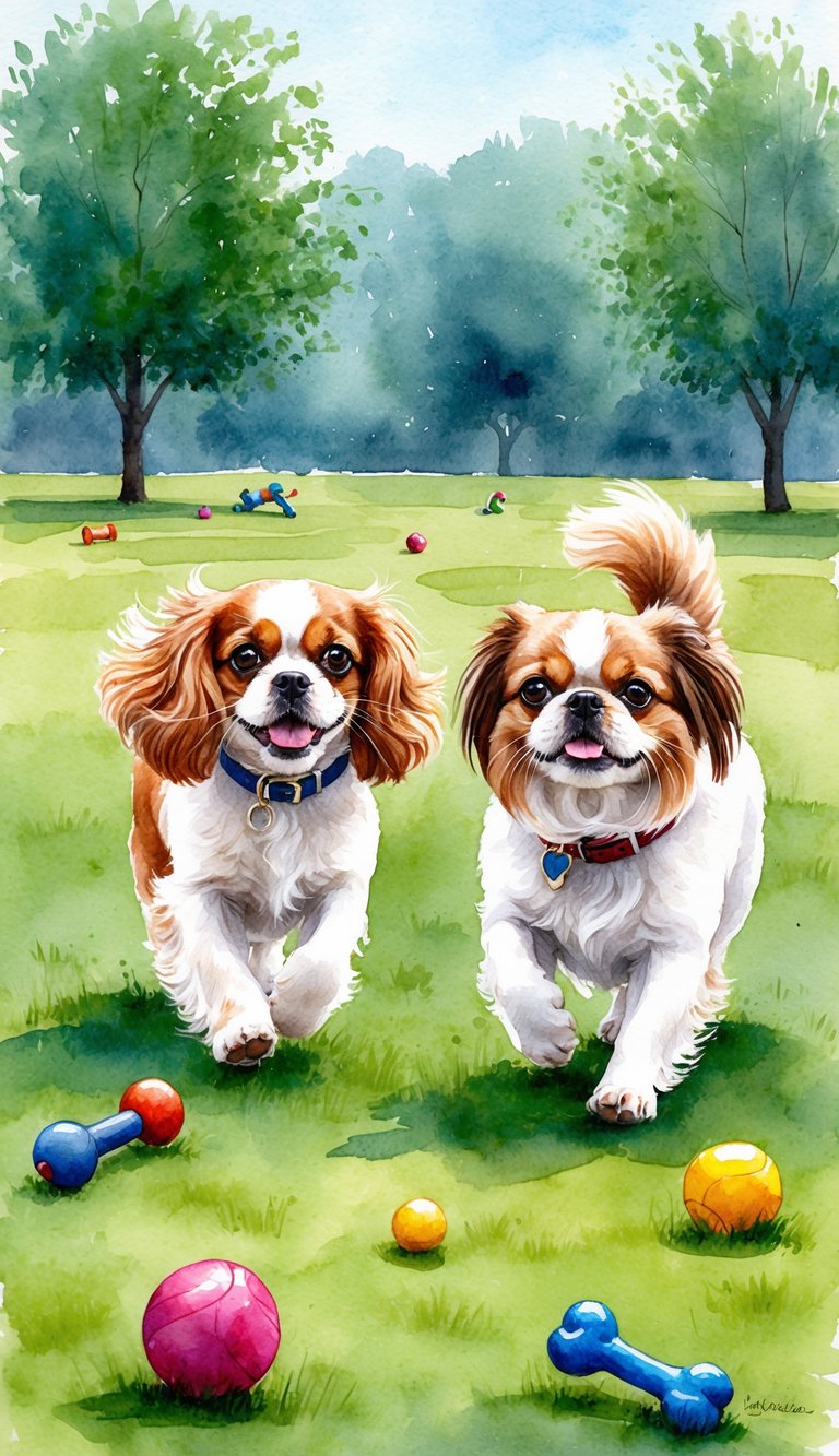 Two small dogs, a Cavalier King Charles Spaniel and a Pekingese, playing and running in a park with toys scattered around