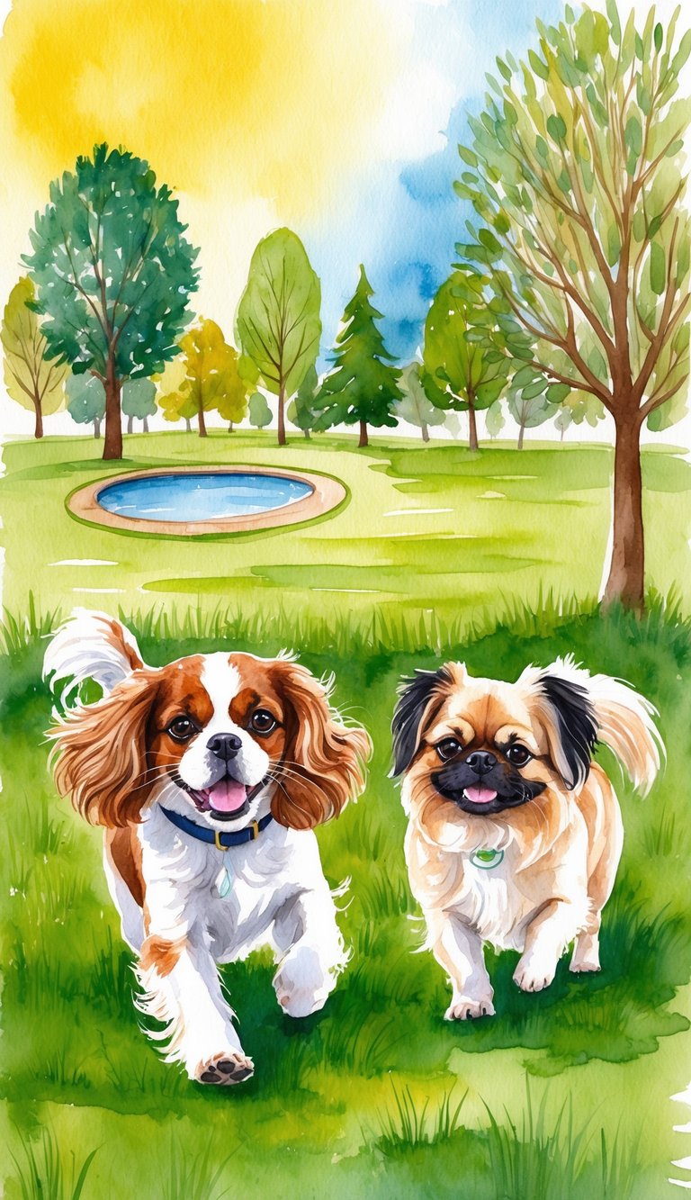 A sunny park with a grassy field, a small pond, and a variety of trees. A Cavalier King Charles Spaniel and a Pekingese are playing together happily