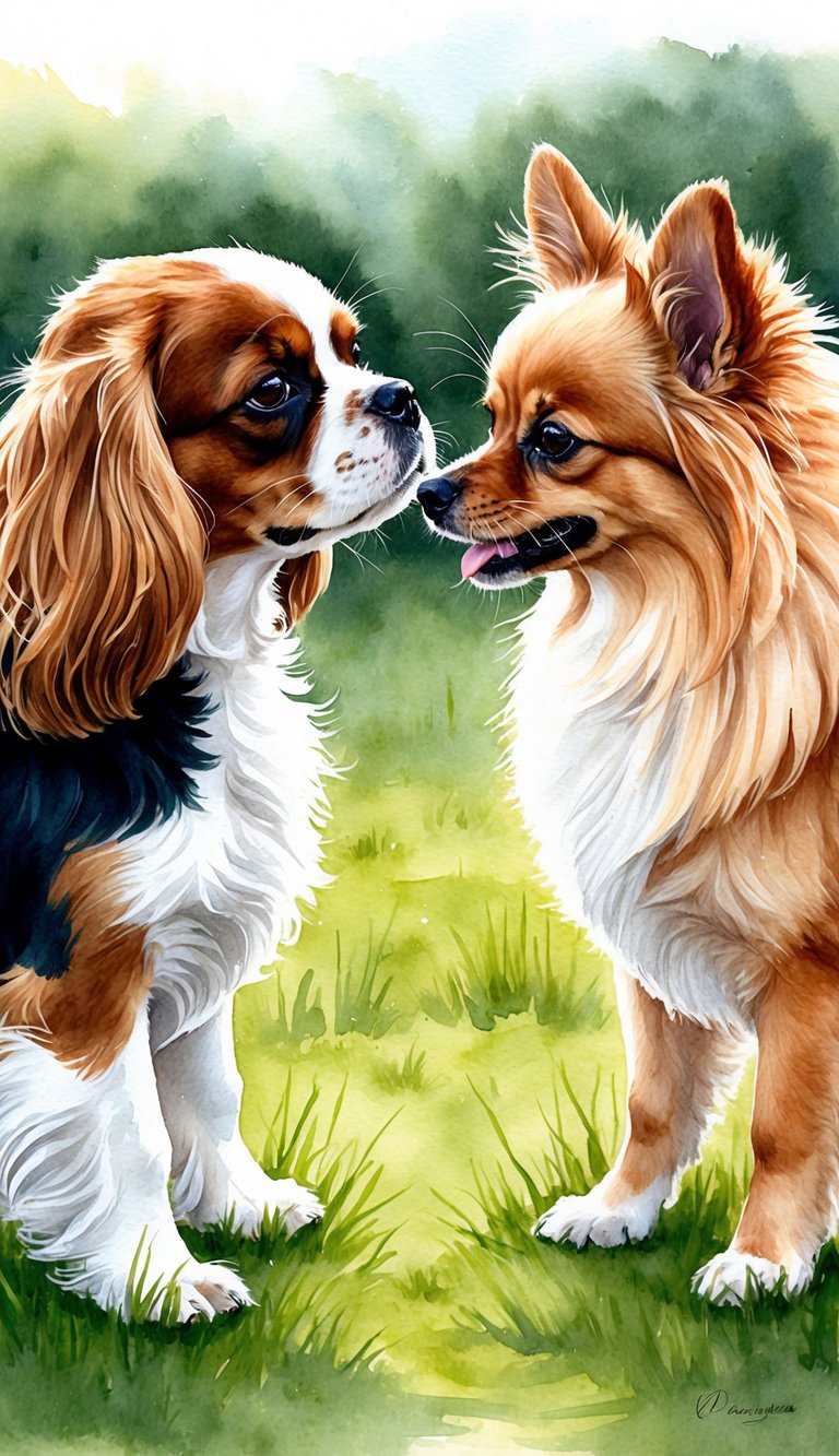 Two small dogs face off, a Cavalier King Charles Spaniel and a Pomeranian, their fluffy coats contrasting as they stand on a grassy field