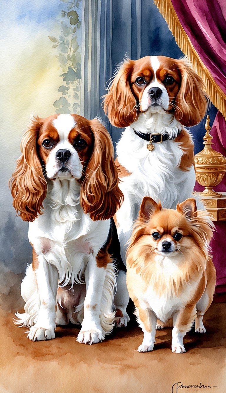 A Cavalier King Charles Spaniel and a Pomeranian stand side by side, with a royal and elegant backdrop representing their breed origins and history