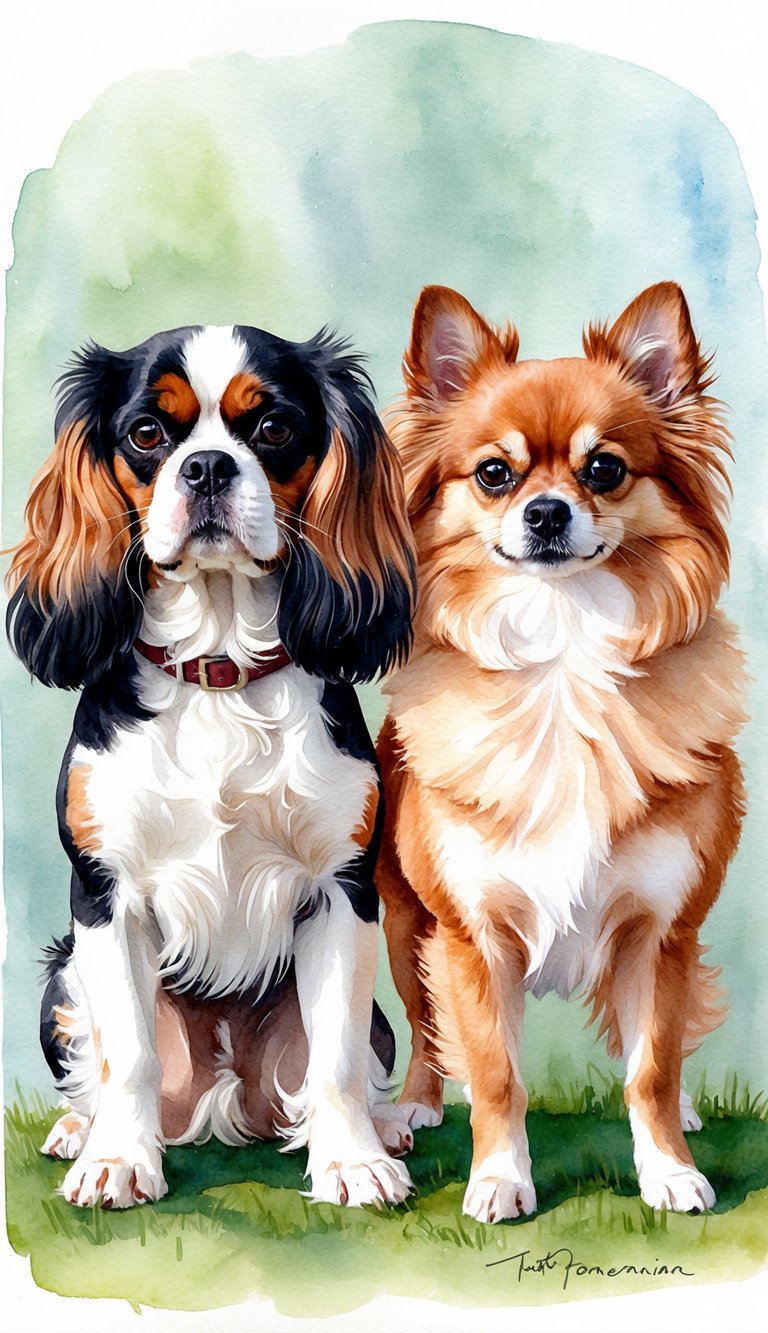 A Cavalier King Charles Spaniel and a Pomeranian stand side by side, showcasing their distinct features and sizes