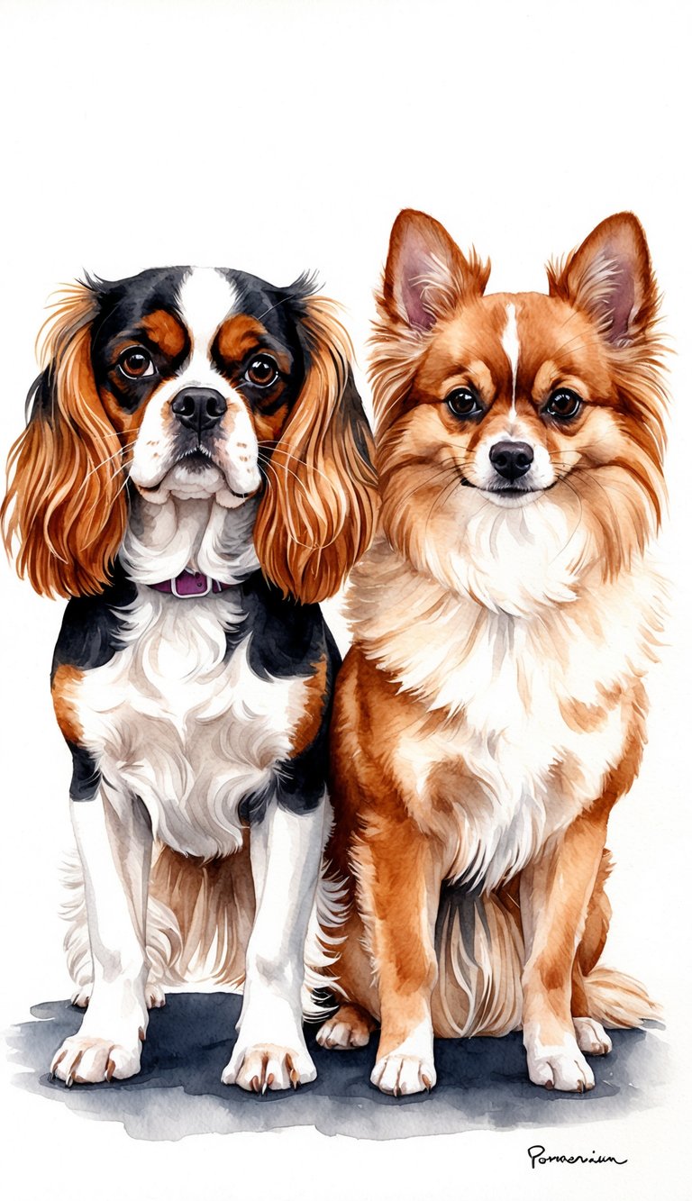 A Cavalier King Charles Spaniel and a Pomeranian stand side by side, showcasing their distinct temperaments and personalities through their body language and expressions
