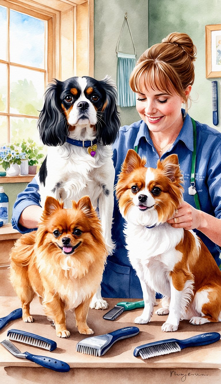 A Cavalier King Charles Spaniel and a Pomeranian being groomed and brushed by their owners in a cozy, well-lit room with grooming tools scattered around