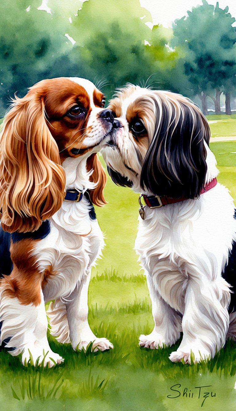Two small dogs, one Cavalier King Charles Spaniel and one Shih Tzu, facing each other with alert expressions, in a grassy park setting