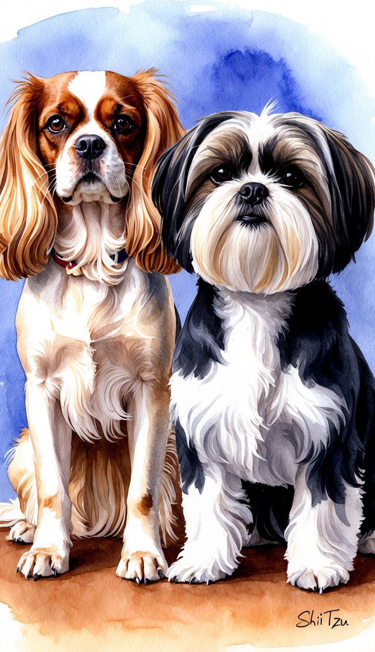 A Cavalier King Charles Spaniel and a Shih Tzu stand side by side, showcasing their distinct physical characteristics. The Cavalier has a longer, silky coat and a more elegant posture, while the Shih Tzu has a shorter, dense coat and a more compact build
