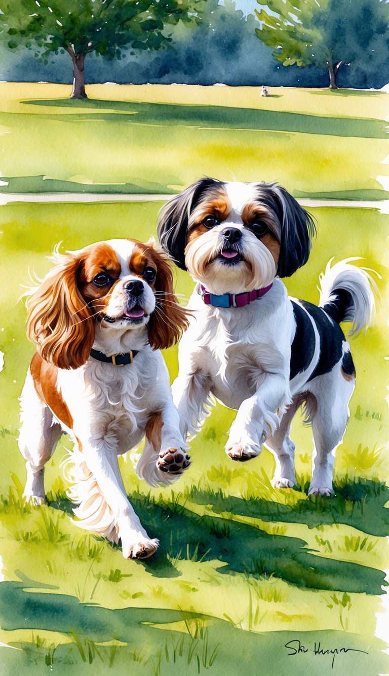 A Cavalier King Charles Spaniel and a Shih Tzu playfully interact in a sunny, grassy park, showcasing their distinct temperaments and personalities