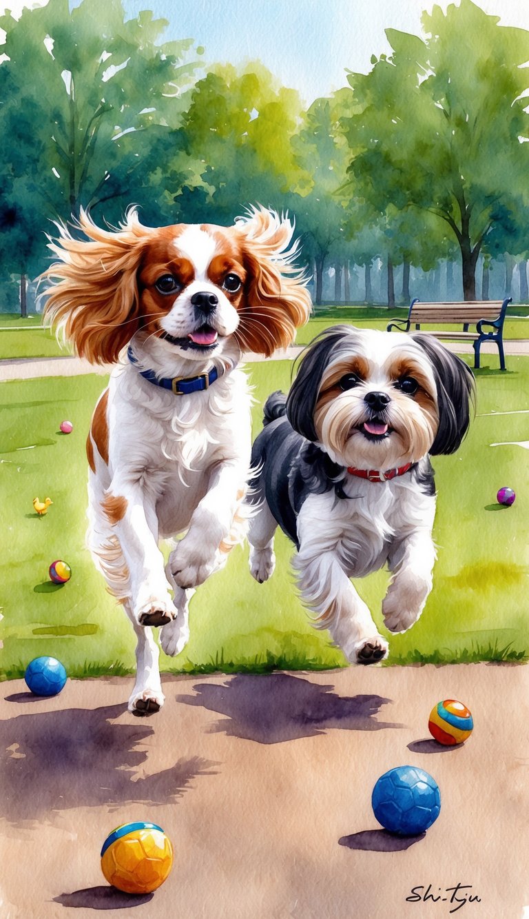 A Cavalier King Charles Spaniel and a Shih Tzu playing in a park, running and jumping with toys scattered around them