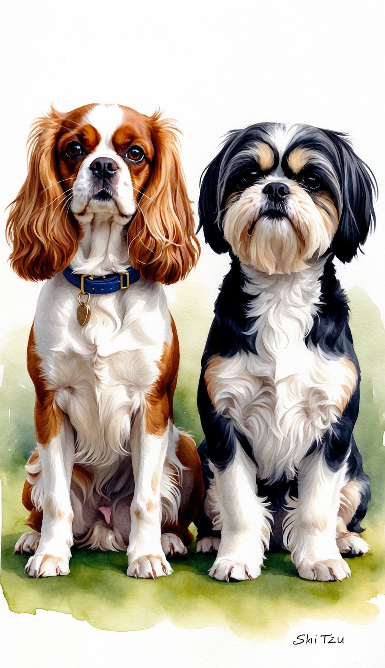 A Cavalier King Charles Spaniel and a Shih Tzu sit side by side, demonstrating their intelligence and training abilities