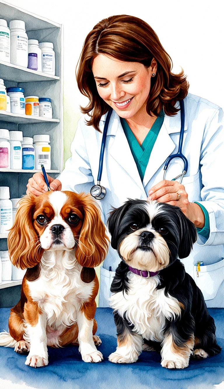 Two small dogs, a Cavalier King Charles Spaniel and a Shih Tzu, sitting side by side with a veterinarian examining their health and lifespan