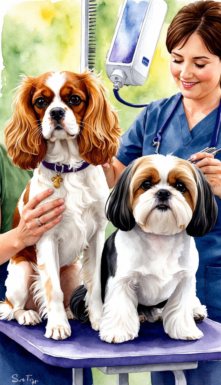 A Cavalier King Charles Spaniel and a Shih Tzu being groomed and cared for by their owners