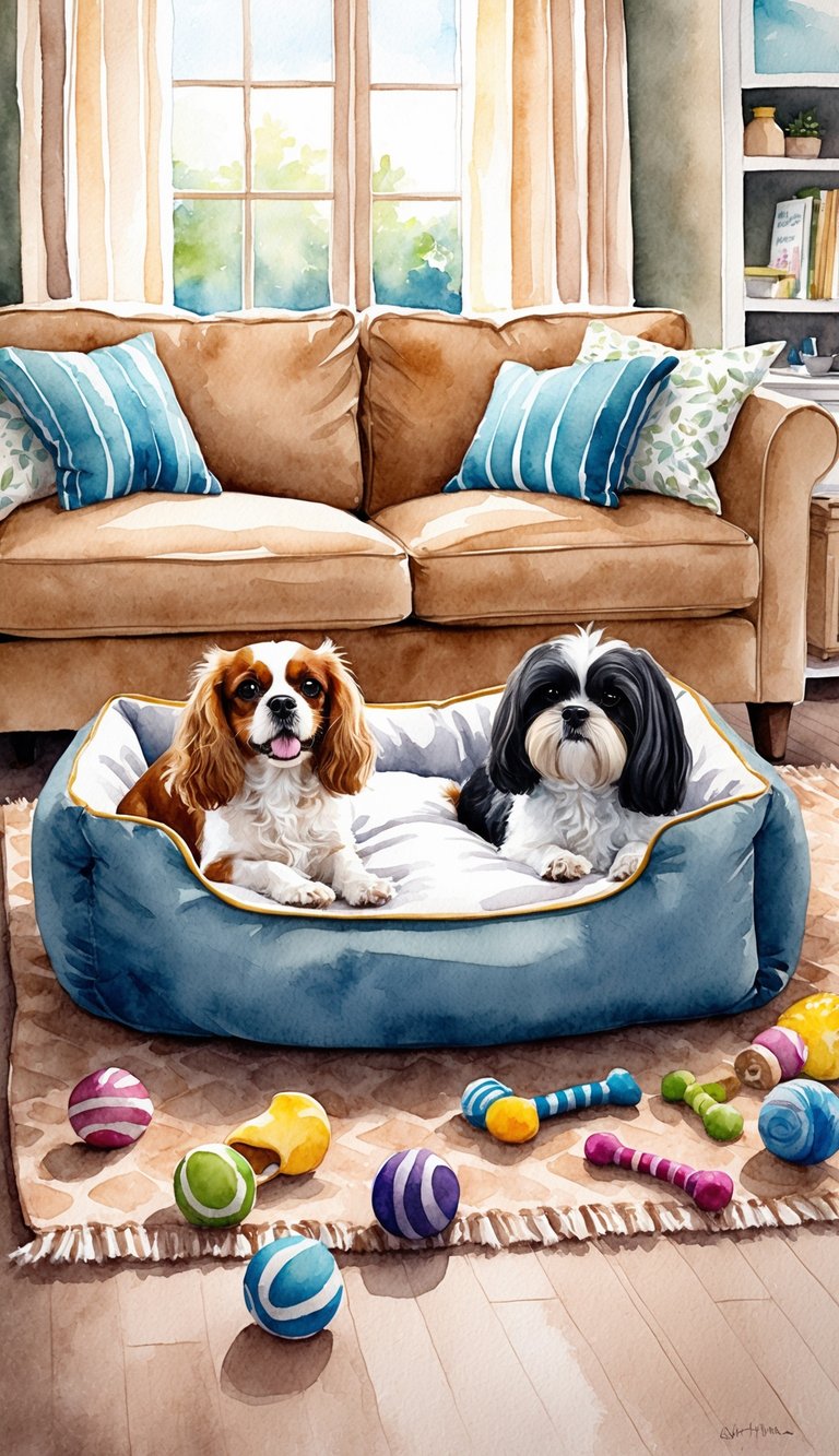 A cozy living room with a comfortable dog bed and toys scattered around. A Cavalier King Charles Spaniel and a Shih Tzu are happily playing together