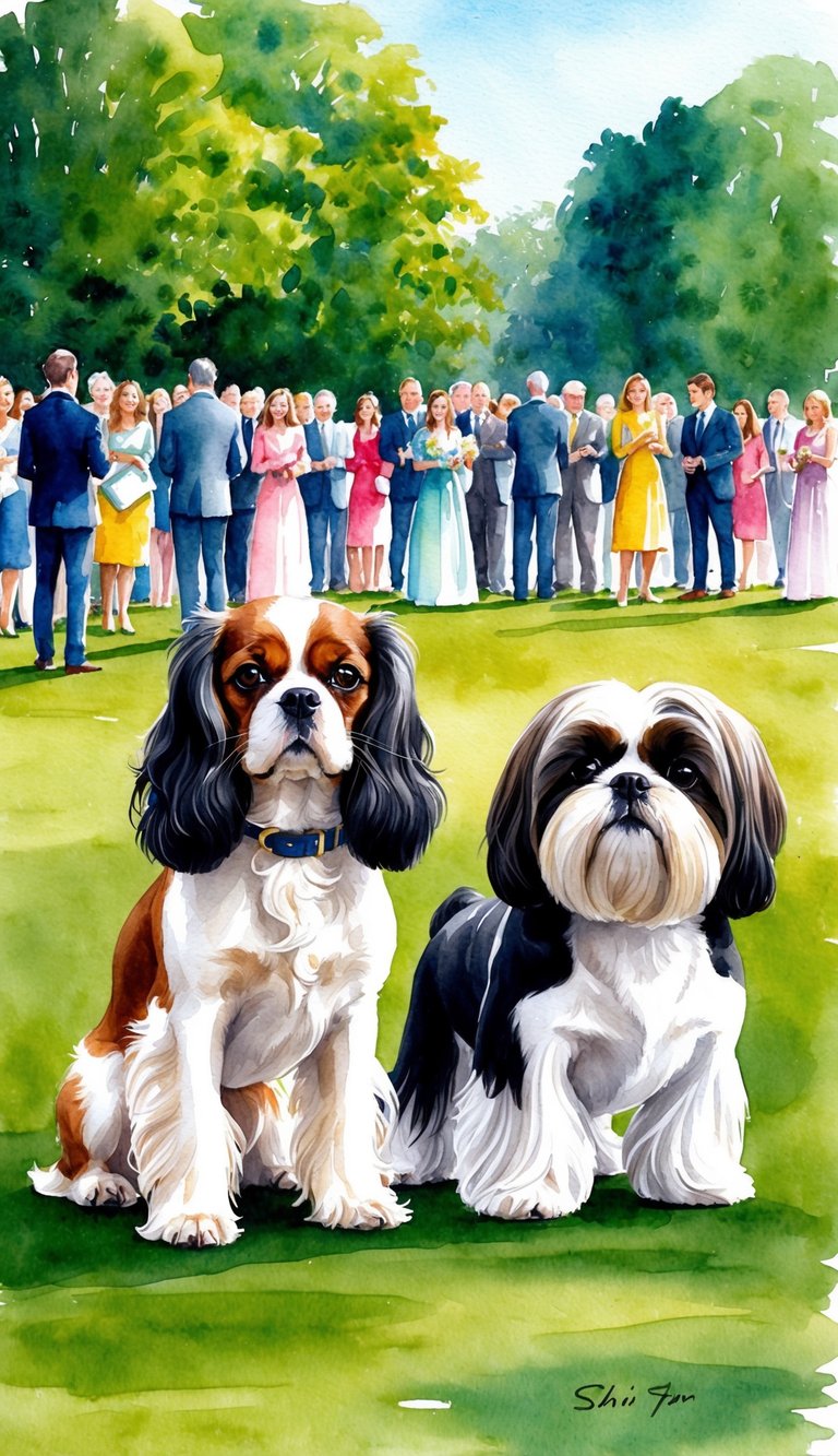 Two elegant dogs, a Cavalier King Charles Spaniel and a Shih Tzu, stand side by side in a lush green park, with a crowd of admirers surrounding them