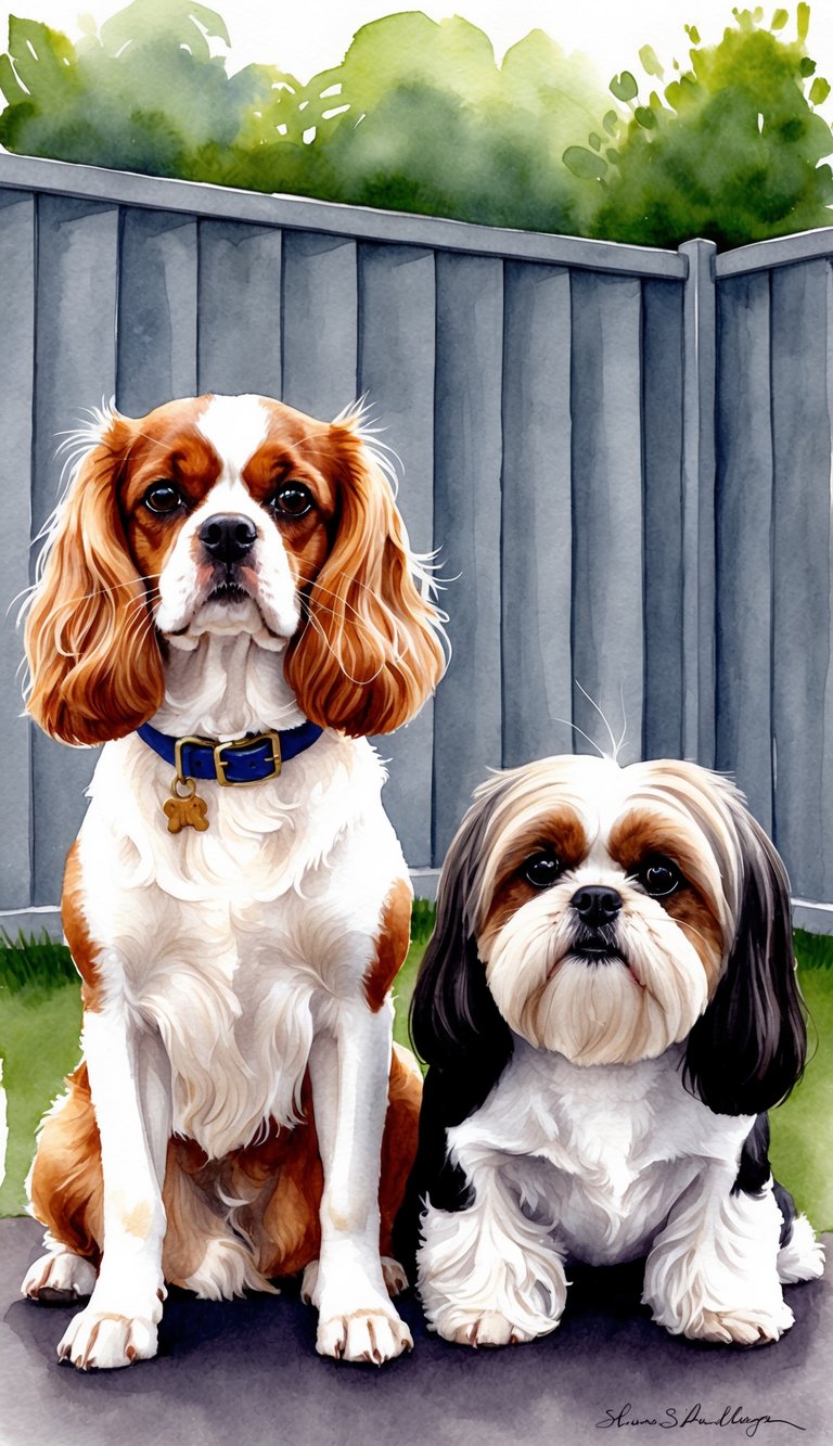 Two dogs sitting side by side, one Cavalier King Charles Spaniel and one Shih Tzu, with a privacy fence in the background