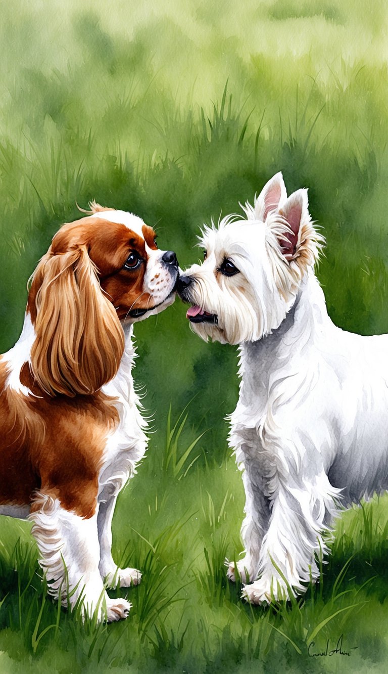 Two small dogs face off in a grassy field, their tails raised and ears perked. The Cavalier King Charles Spaniel and West Highland White Terrier lock eyes, ready to engage in a playful yet competitive interaction
