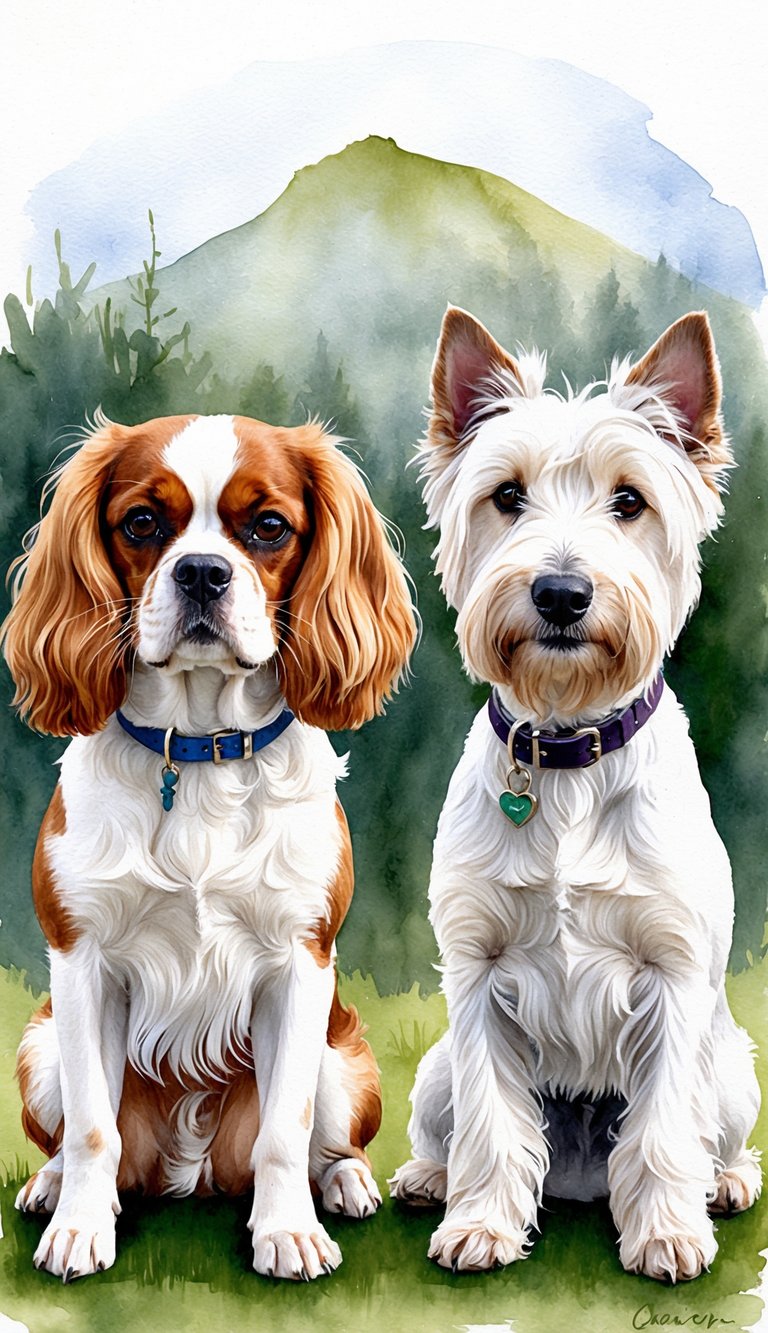Two dogs, a Cavalier King Charles Spaniel and a West Highland White Terrier, standing side by side with a backdrop representing their respective origins
