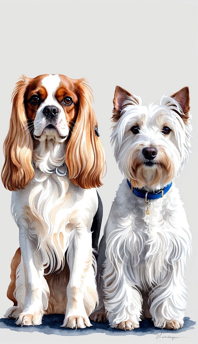 A Cavalier King Charles Spaniel and a West Highland White Terrier stand side by side, showcasing their distinct physical characteristics. The Spaniel's long, silky fur contrasts with the Terrier's dense, white coat