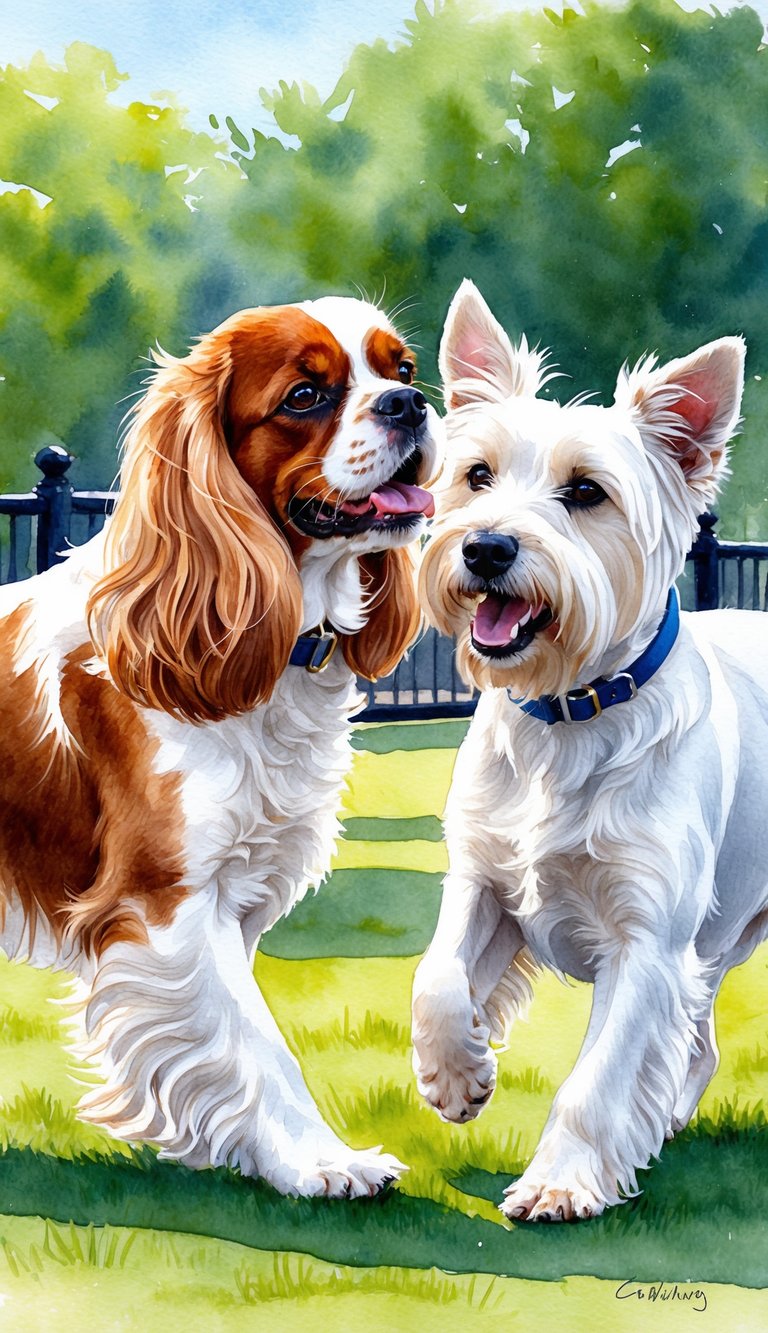 Two playful dogs, a Cavalier King Charles Spaniel and a West Highland White Terrier, interact in a sunny park setting, showcasing their distinct personalities and temperaments
