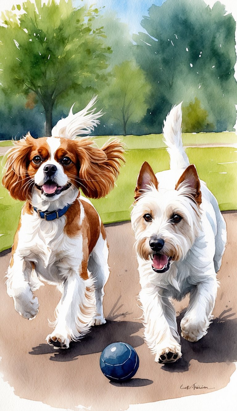 A Cavalier King Charles Spaniel and a West Highland White Terrier playing in a park, chasing after a ball and running around