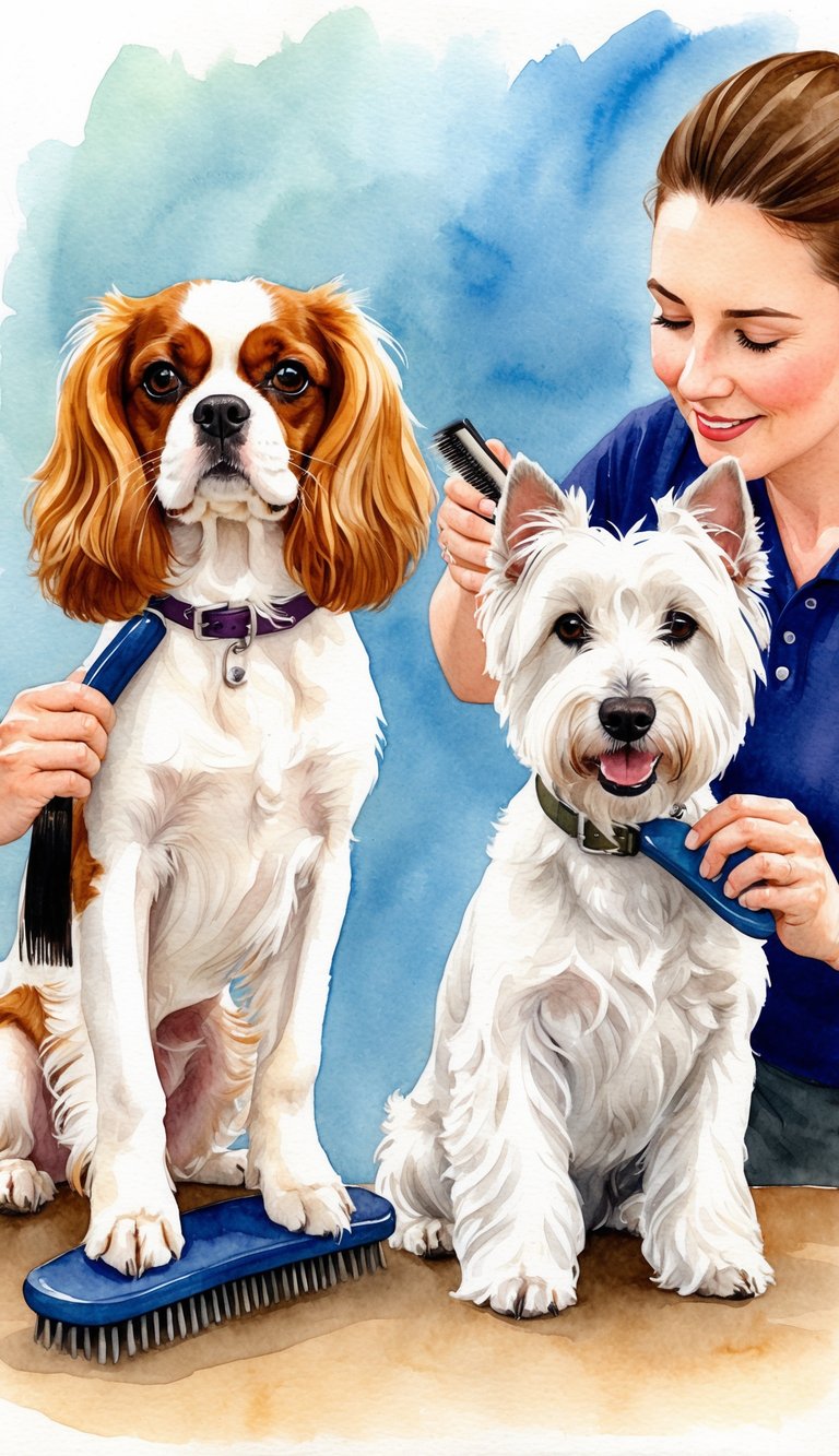 A Cavalier King Charles Spaniel and a West Highland White Terrier being groomed and brushed by their owners