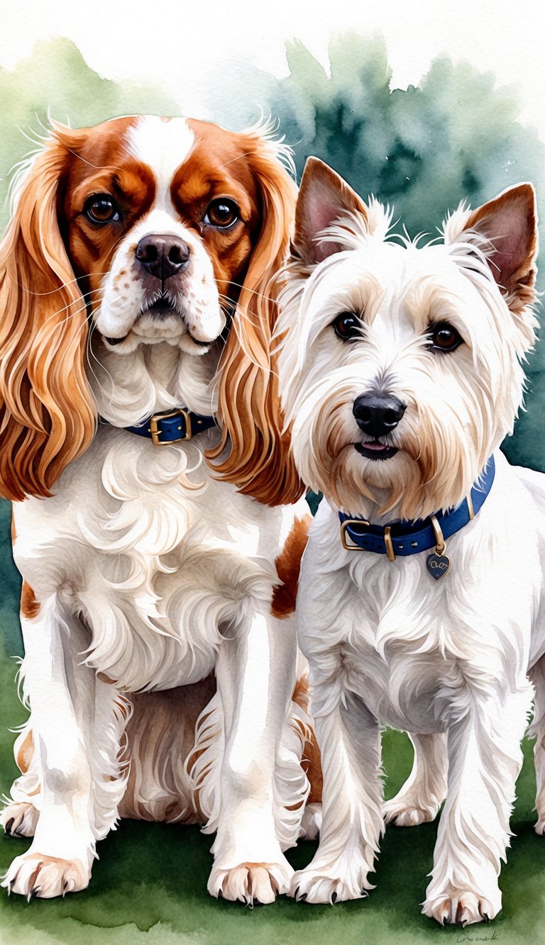 A Cavalier King Charles Spaniel and a West Highland White Terrier stand side by side, showcasing their distinct features and personalities