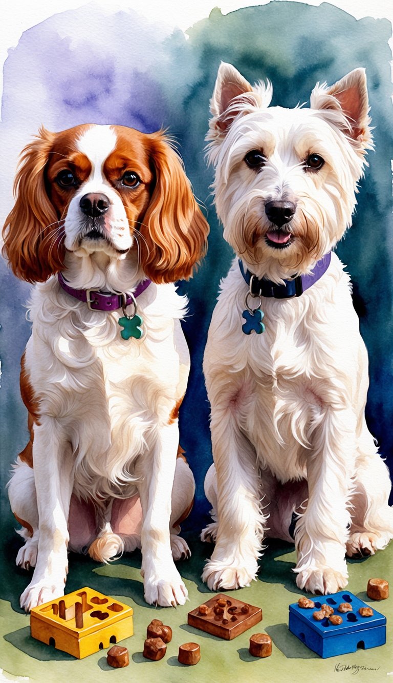 Two dogs, a Cavalier King Charles Spaniel and a West Highland White Terrier, sitting side by side with focused expressions, surrounded by puzzle toys and training treats