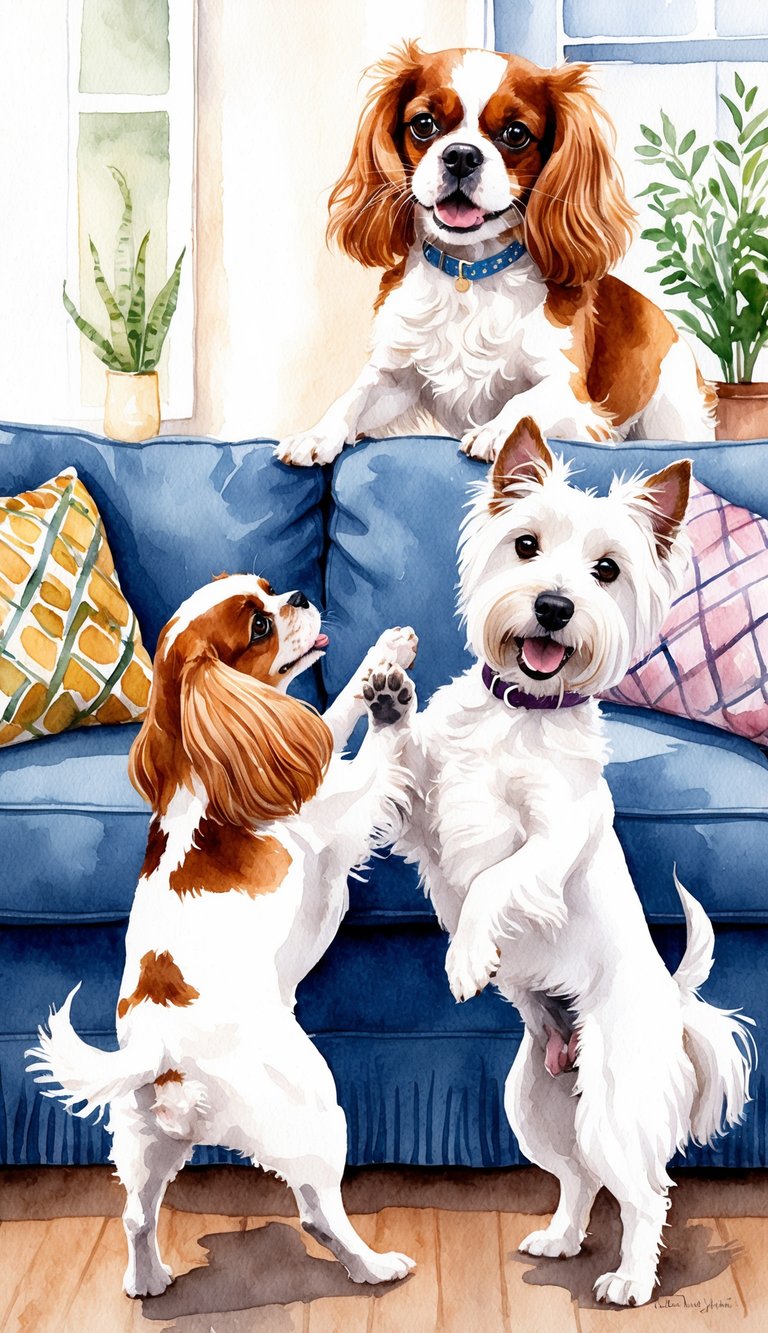 A Cavalier King Charles Spaniel and a West Highland White Terrier playfully interact in a cozy living room, showcasing their adaptability in different environments