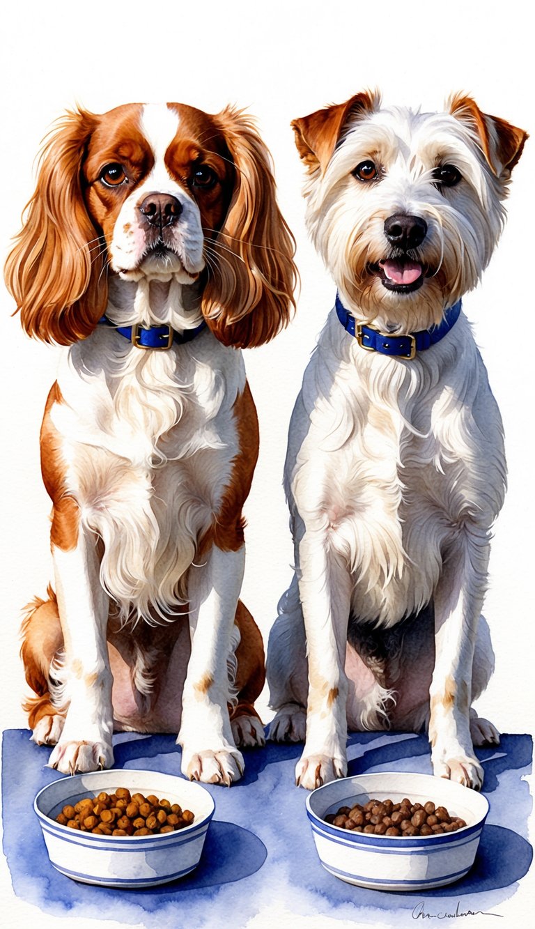 A Cavalier King Charles Spaniel and a West Highland White Terrier stand side by side, each with a bowl of food and a water dish. The Spaniel has a gentle expression, while the Terrier looks more eager and alert
